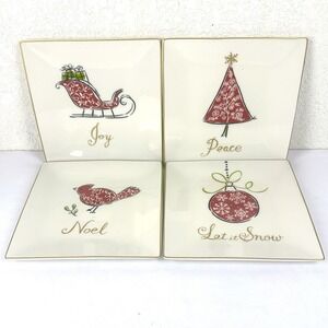 222 Fifth NATALA  Christmas  Plates Square Set of 4  PEACE, JOY, Snow, sleigh